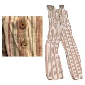 Striped Linen Button Front Jumpsuit size medium made in India cream pink green